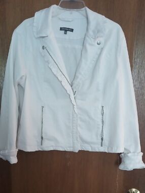 Kate & Mallory White Ruffle-Trim Jean Jacket